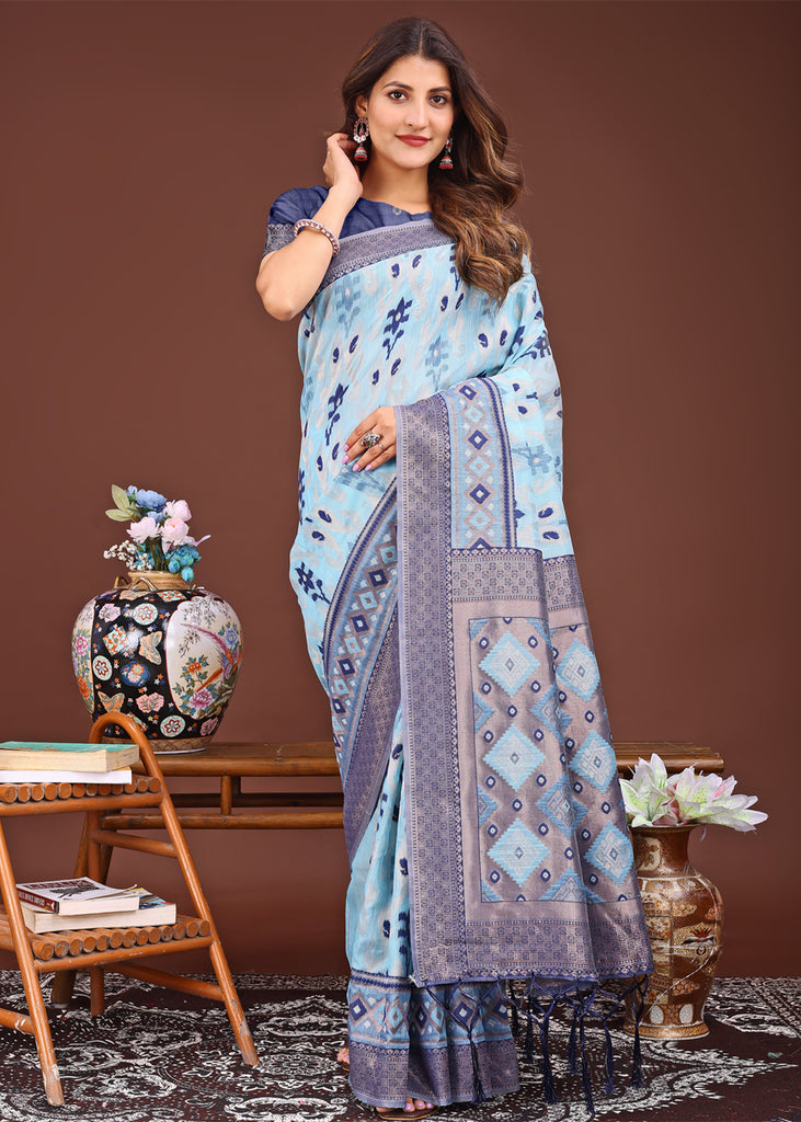 Sky Blue Woven Cotton Linen Silk Saree