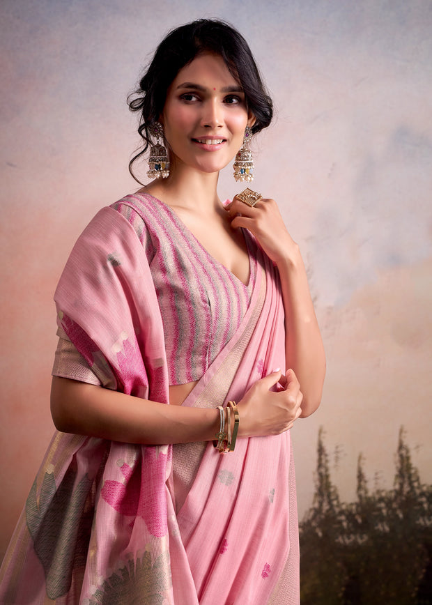 Blush Pink Woven Linen Cotton Silk Saree