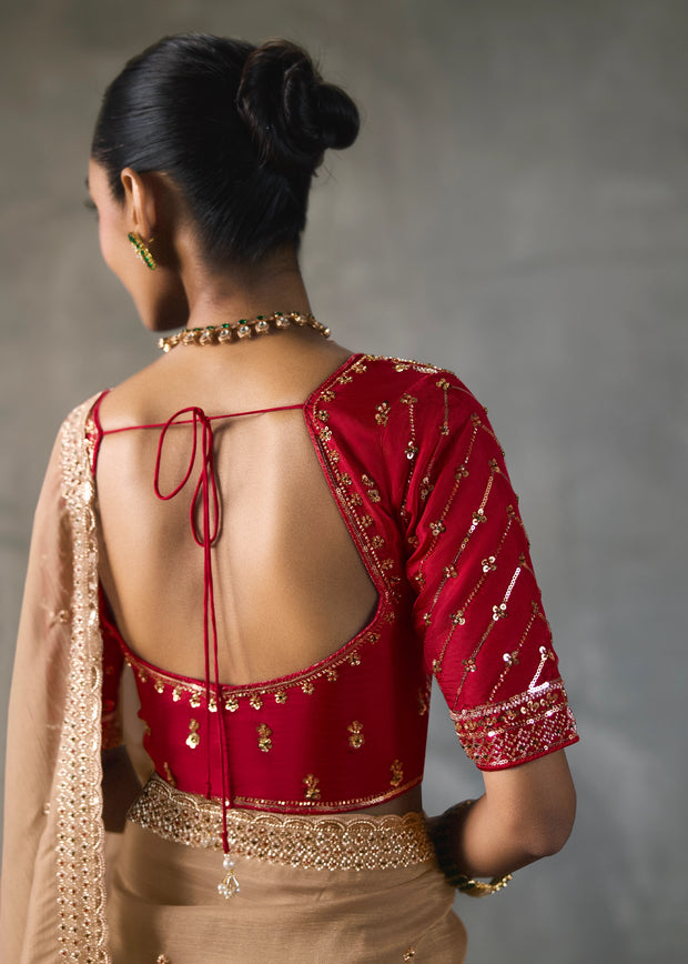 Champagne Beige Embroidered Silk Saree With Heavy Blouse