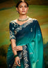 Peacock Blue Heavy Embroidered Designer Silk Saree With contrast Blouse