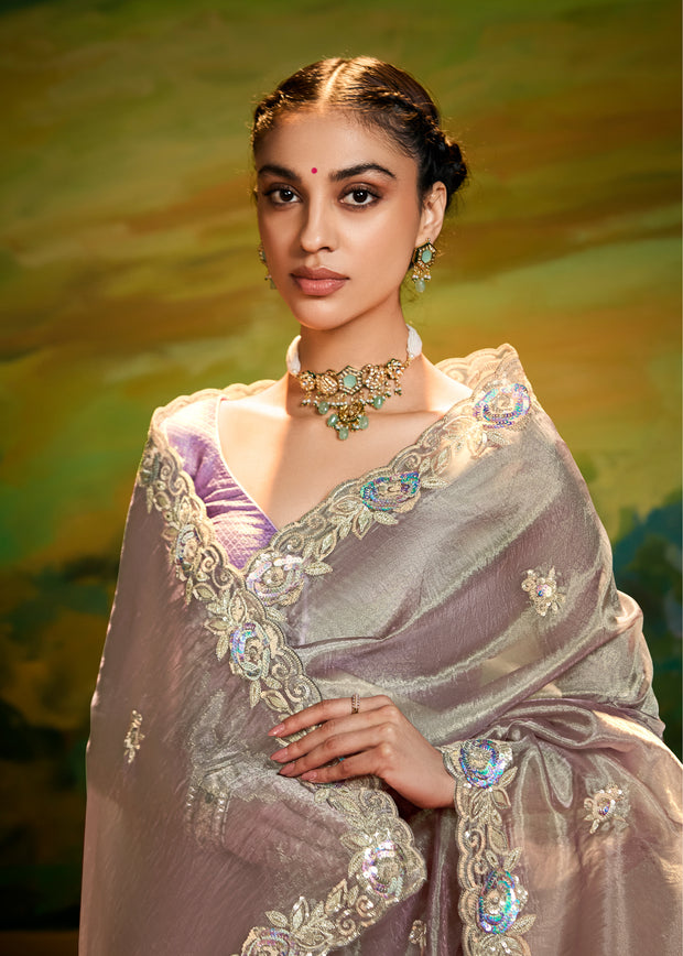 Slate Grey Heavy Embroidered Designer Silk Saree With contrast Blouse