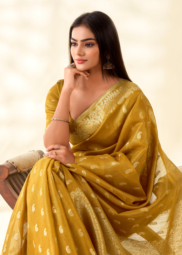 Mustard Yellow Woven Linen Tissue Silk Saree