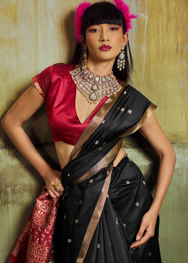 Ink Black Banarasi Tusser Silk Saree