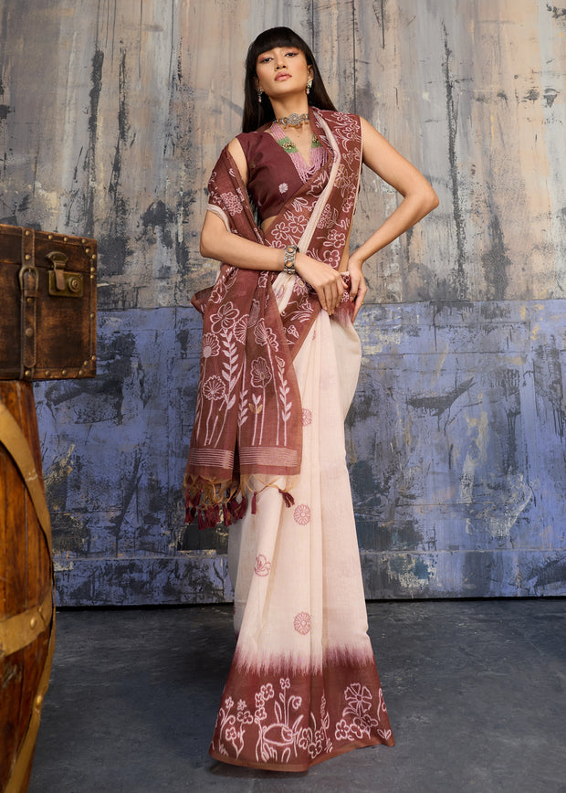 Coffee Brown Printed Cotton Silk Saree