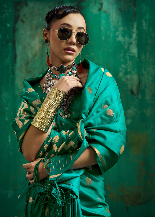 Marine Green Woven Banarasi Satin Silk Saree