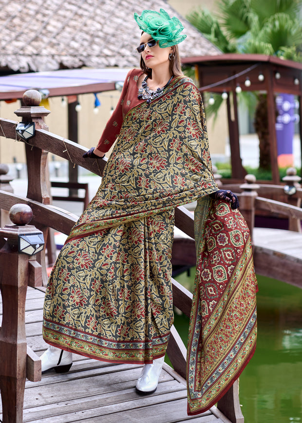 Drizzle Grey Satin Crepe Digital Printed Saga Saree With Contrast Blouse