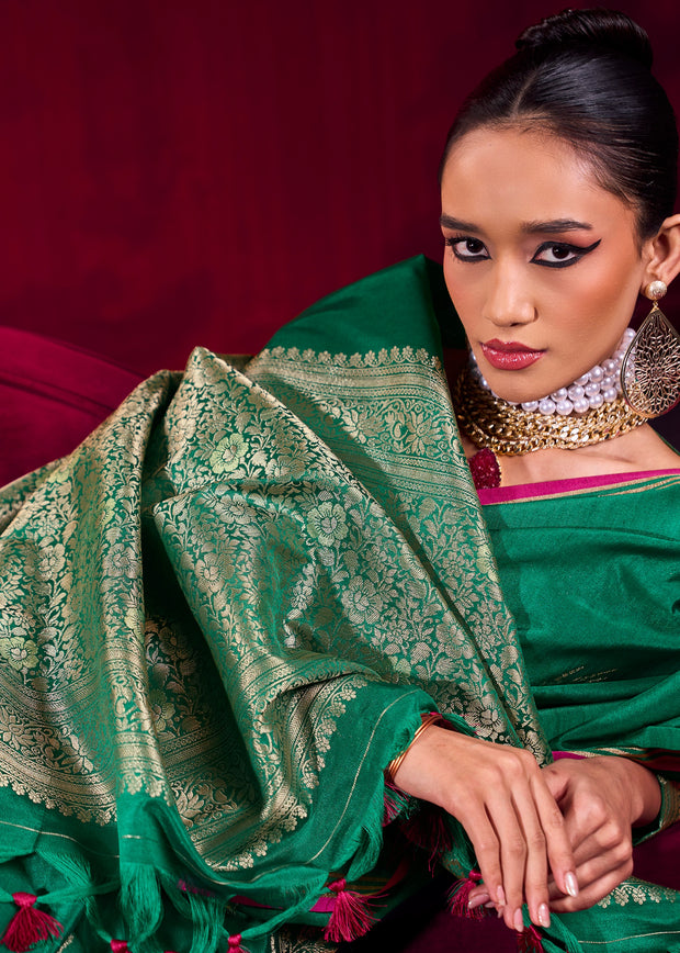 Forast Green Woven Banarasi Satin Linen Silk Saree