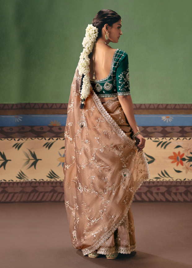 Almond Brown Embroidered Designer Saree