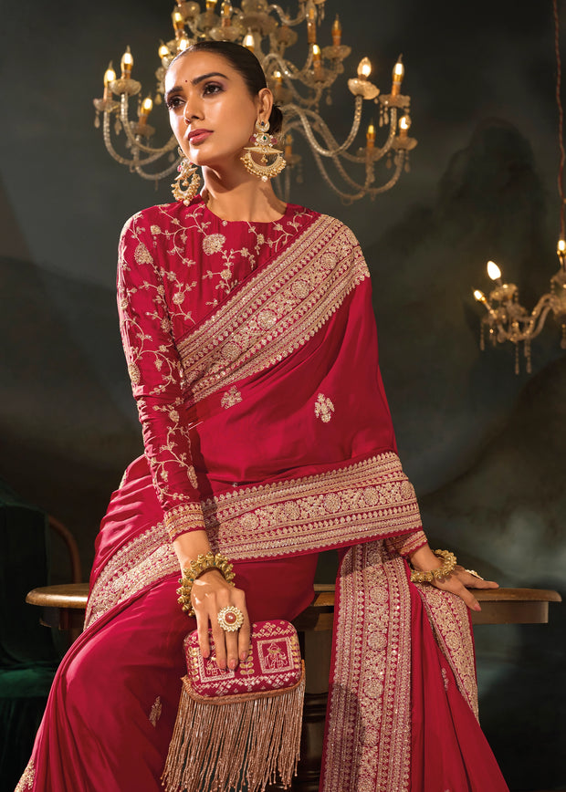 Red Satin Embroidered Designer Saree