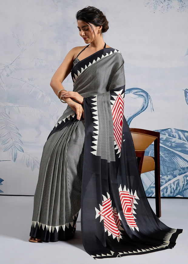 Black And White Printed Satin Silk Saree