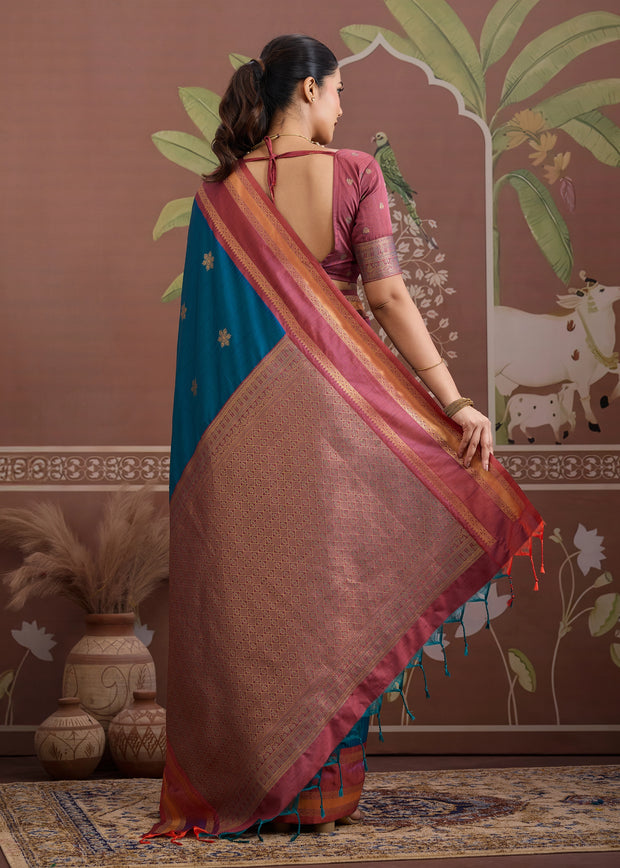 Nautical Blue Woven Banarasi Tussar Silk Saree