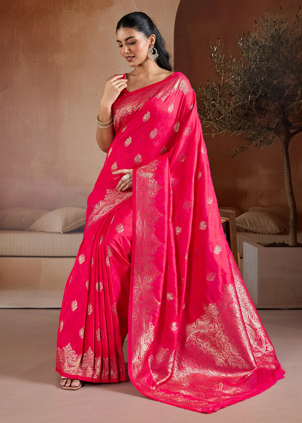 Hot Pink Woven Banarasi Silk Saree