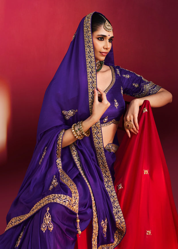 Royal Purple Embroidered Soft Silk Saree With Contrast Blouse