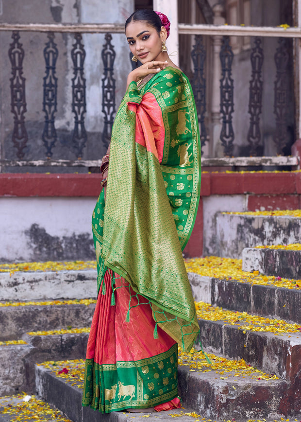Peach Pink Woven Banarasi Silk Saree