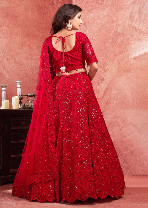 Poppy Red Net Embroidered Bridal Lehenga
