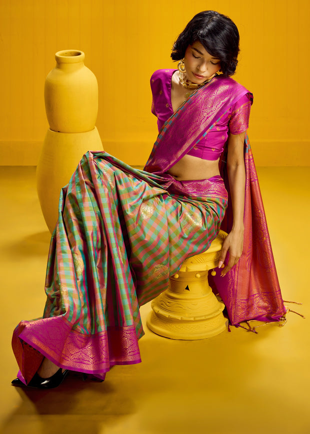 Green And Pink Banarasi Silk Saree
