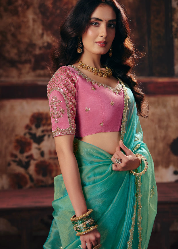 Sea Blue Designer Organza Saree With Embroidered Blouse