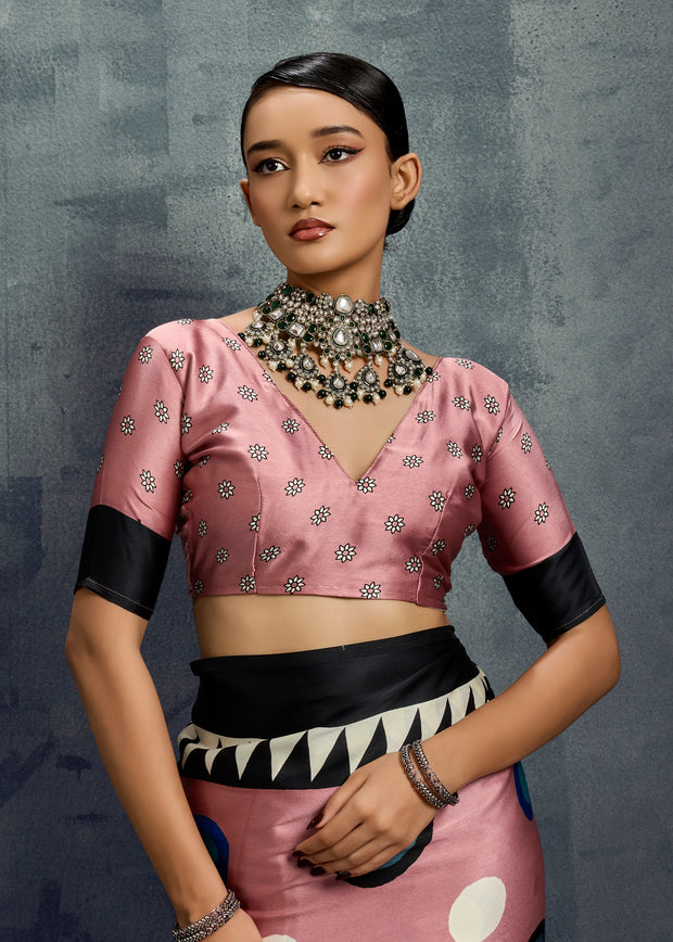 Peach Pink Printed Satin Silk Saree