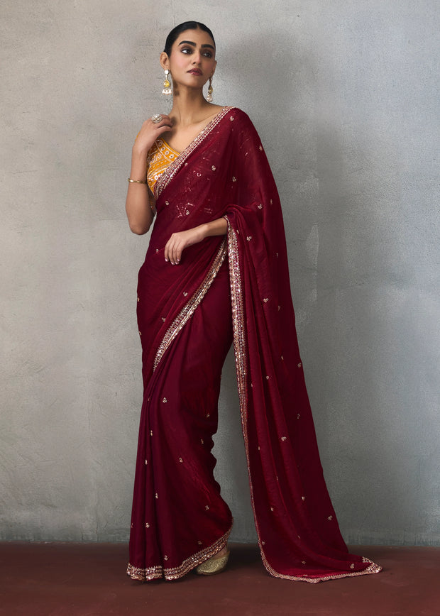 Maroon Embroidered Silk Saree With Heavy Blouse