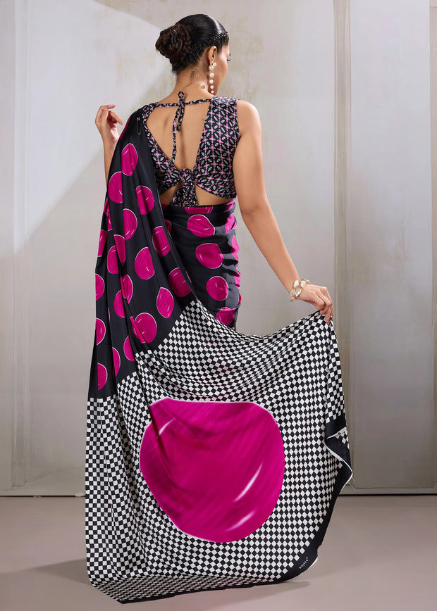 Pink Printed Satin Silk Saree