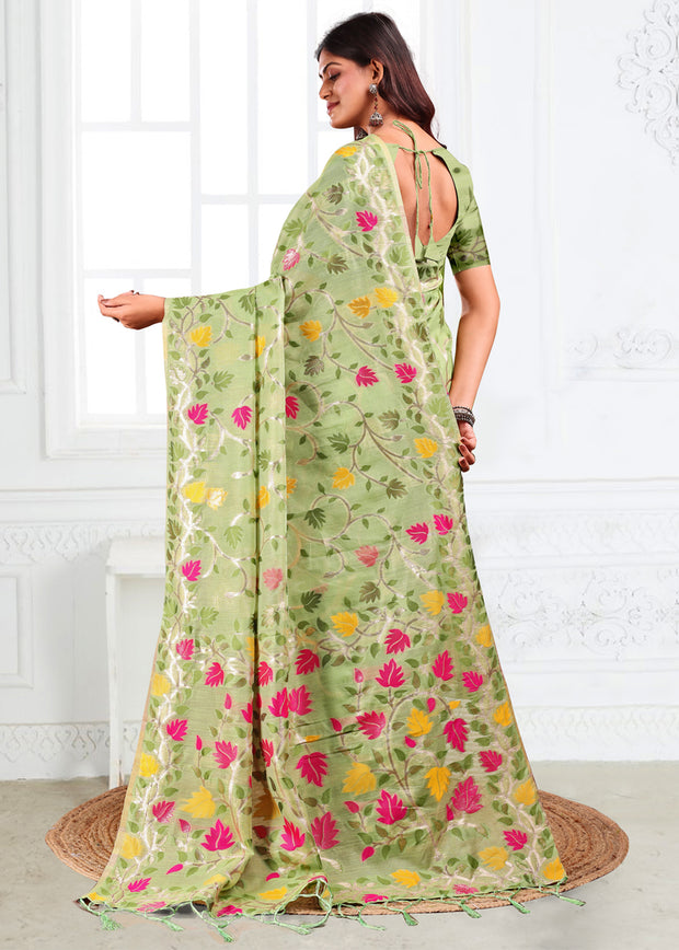 Pista Green Woven Linen Cotton Silk Saree