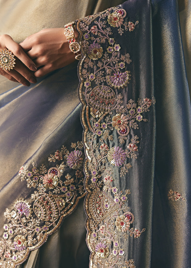 Golden Blue Tissue Embroidered Wedding Wear Saree