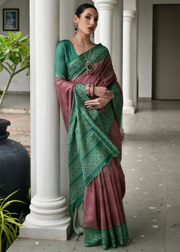 Earthy Brown & Green Printed Tussar SIlk Saree