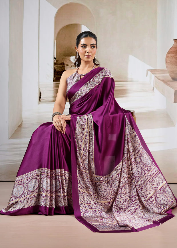 Wine Purple Printed Satin Silk Saree