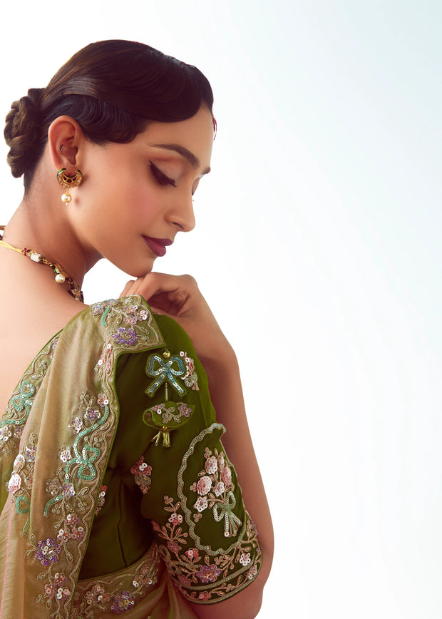 Olive Green Embroidered Designer Tissue Saree