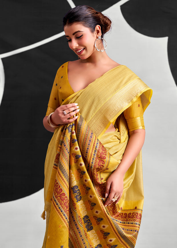 Dusky Yellow Woven Linen Cotton Silk Saree