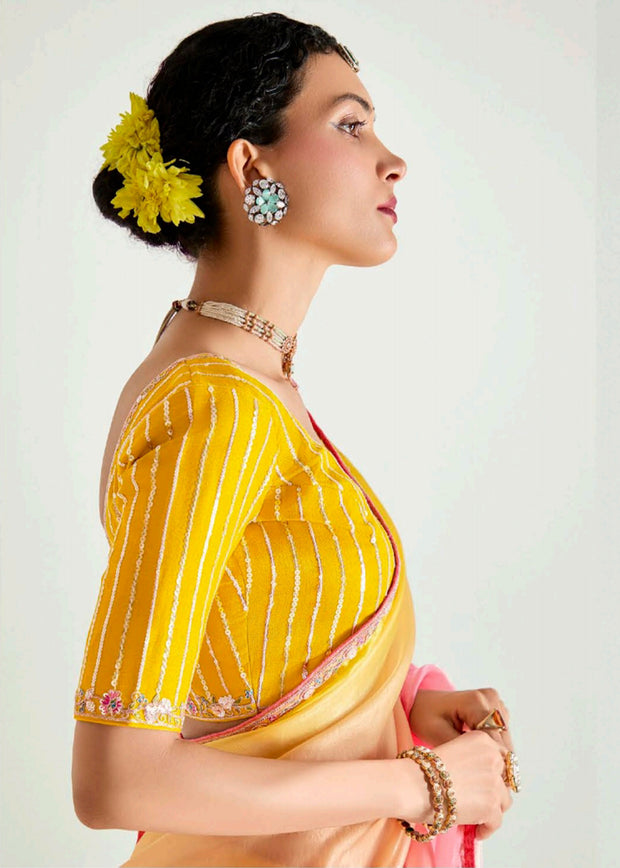 Pink Ombre Designer Tissue Saree With Embroidered Blouse