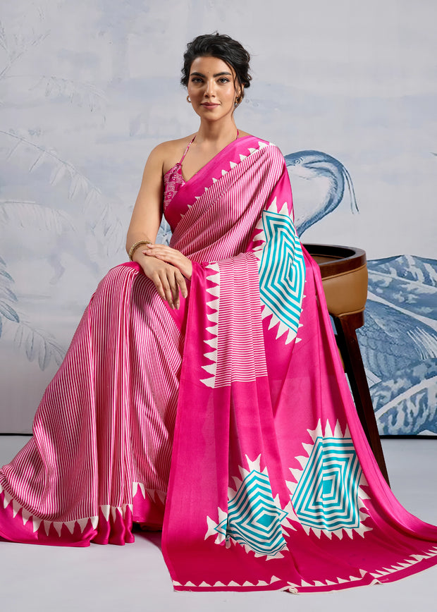Fuchsia Pink Printed Satin Silk Saree