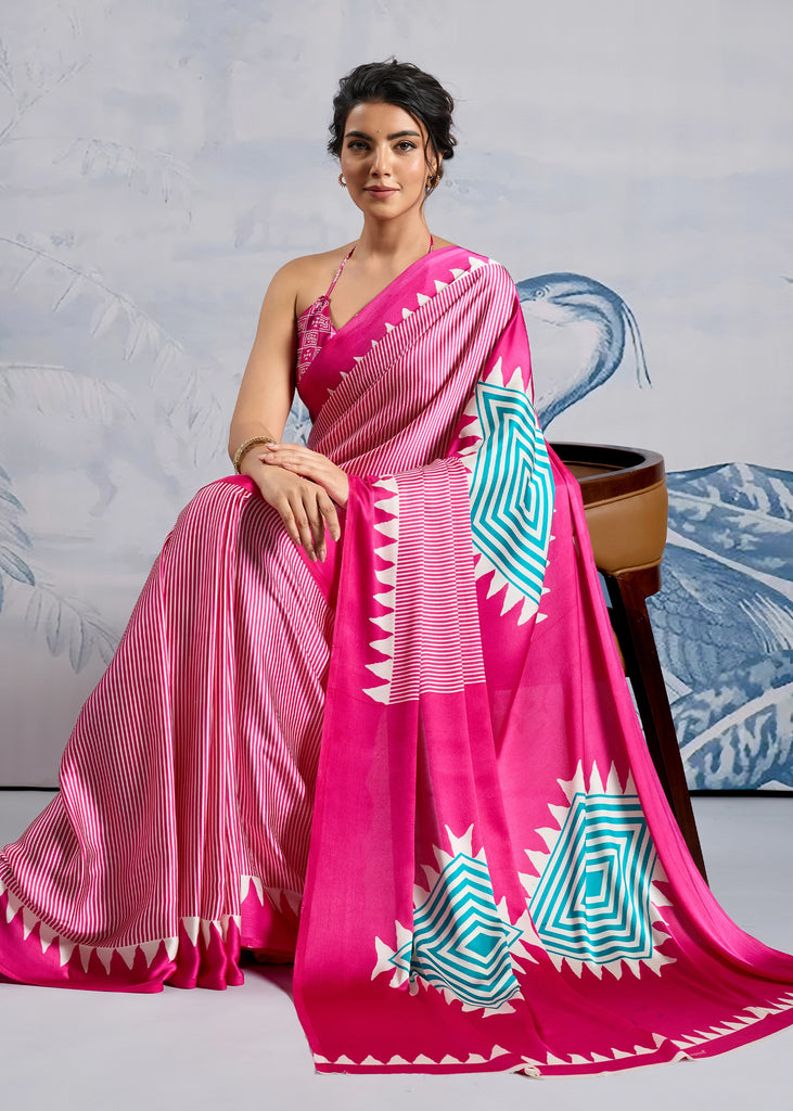 Fuchsia Pink Printed Satin Silk Saree