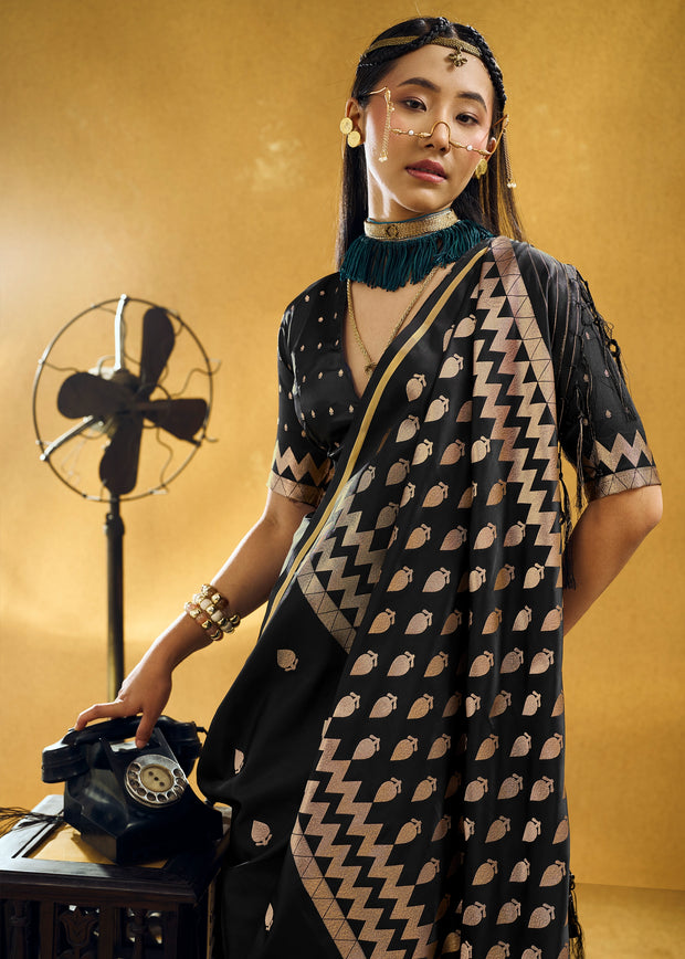 Black Woven Banarasi Satin Silk Saree