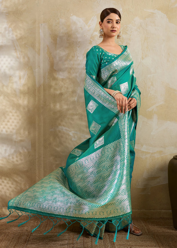 Teal Green Woven Banarasi Silk Saree