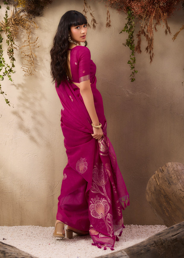 Magenta Pink Woven Soft Silk Saree
