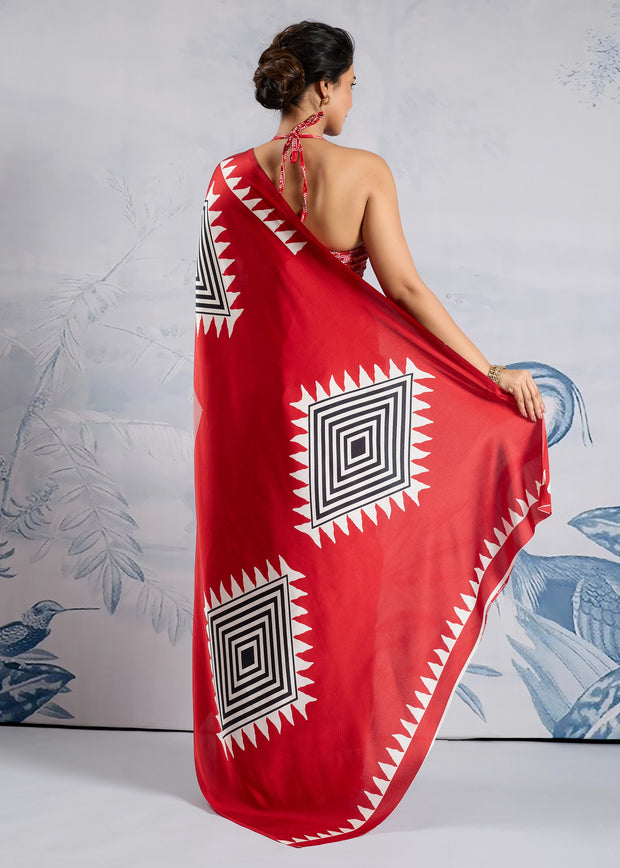 Cherry Red Printed Satin Silk Saree