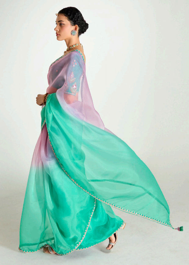 Aqua Green Ombre Designer Tissue Saree With Embroidered Blouse