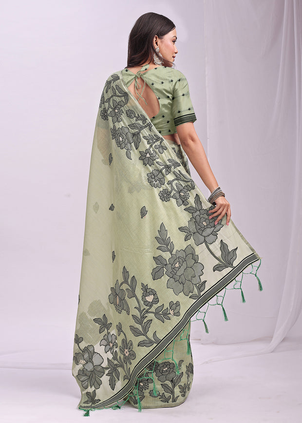 Pistachio Green Woven Cotton Linen Silk Saree