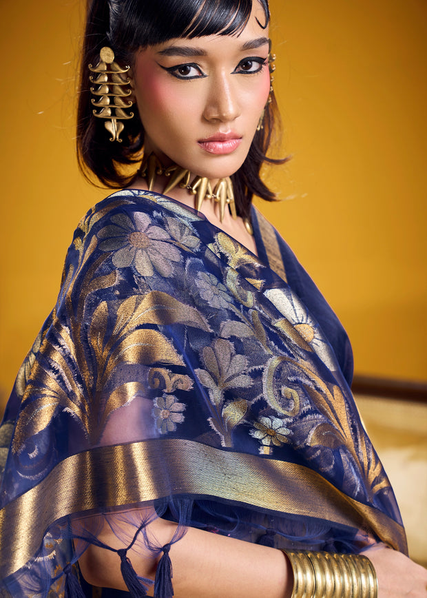 Navy Blue Woven Cotton Silk Saree