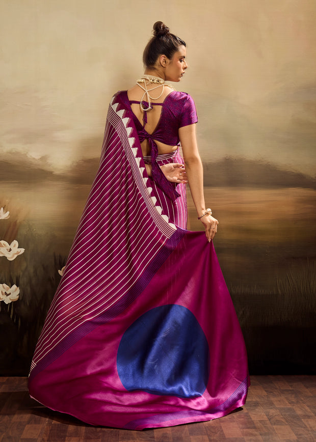 Dahlia Purple Printed Satin Silk Saree