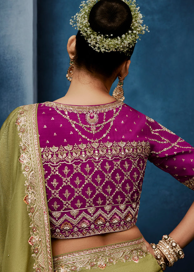 Mist Olive Embroidered Designer Tissue Saree