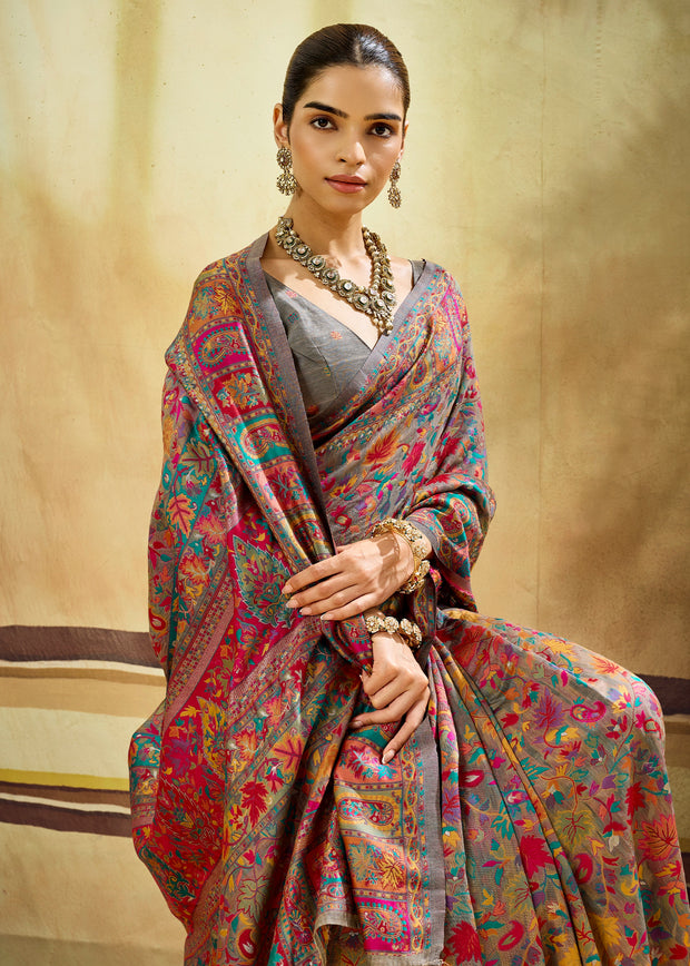 Fossil Grey Woven Cotton Kashmiri Jamewar Saree