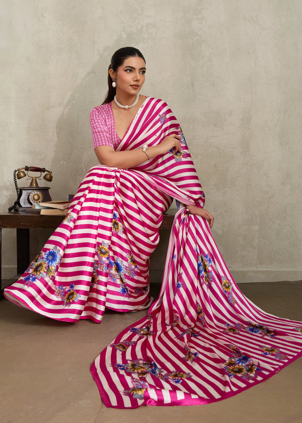Blush Pink Printed Satin Silk Saree
