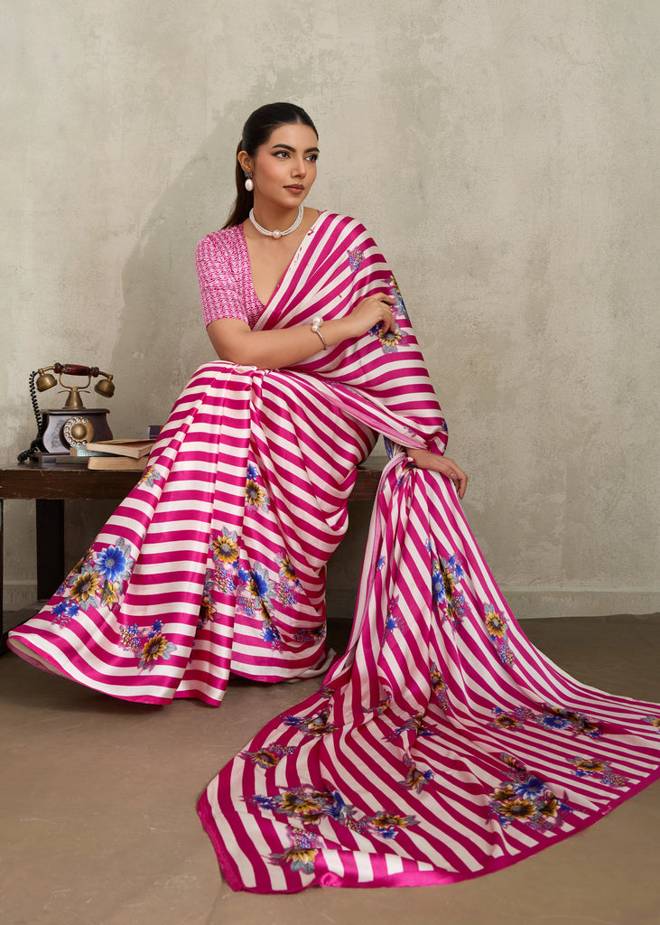 Blush Pink Printed Satin Silk Saree