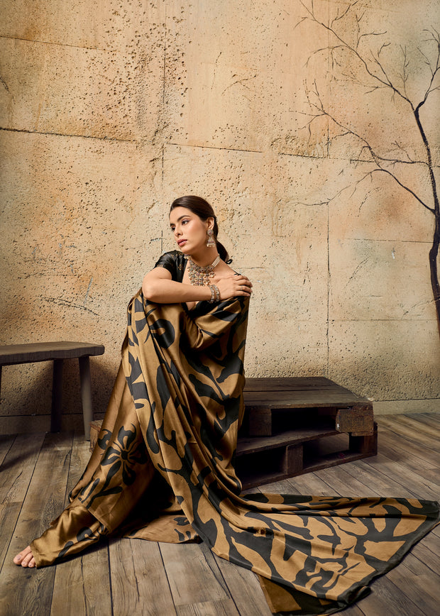 Cinnamon Brown Printed Satin Silk Saree
