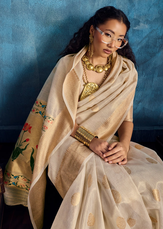 Antique White Woven Paithani Tissue Silk Saree