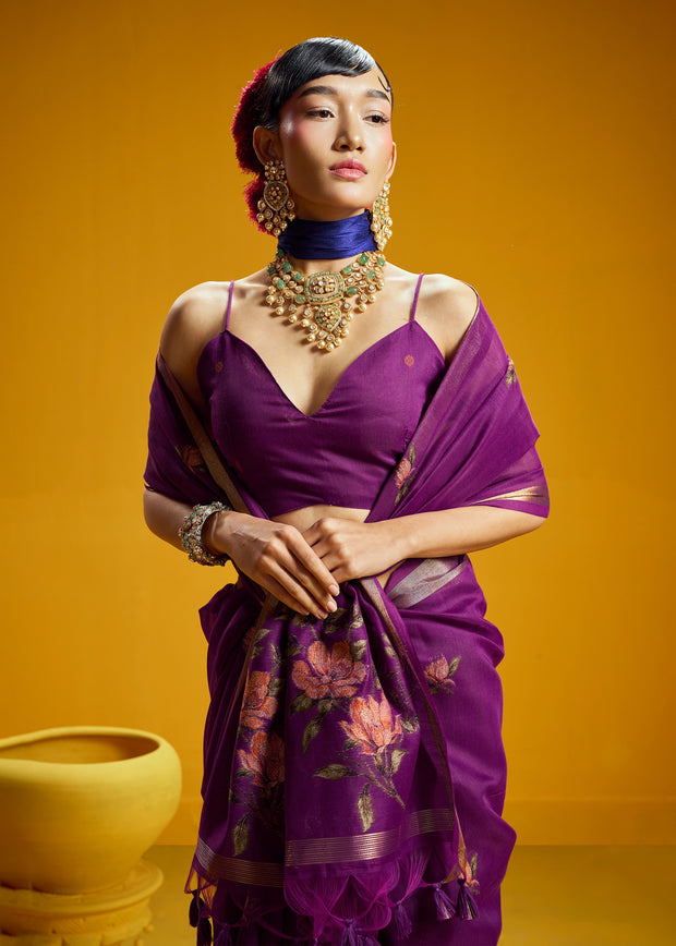 Magenta Purple Woven Munga Cotton Silk Saree