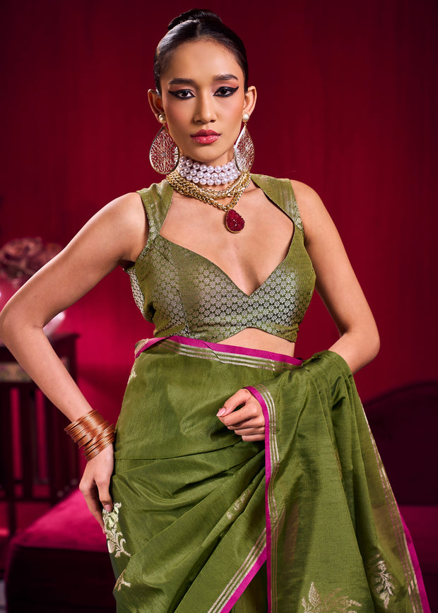 Heena Green Woven Banarasi Satin Linen Silk Saree