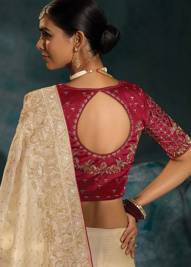 Ivory Embroidered Designer Tissue Saree